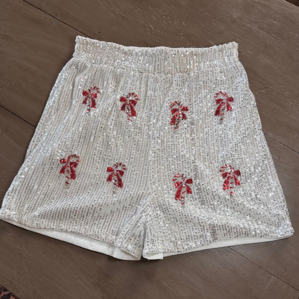 Silver Sequin Christmas Candy Cane Shorts Red Bow Holiday Glam M